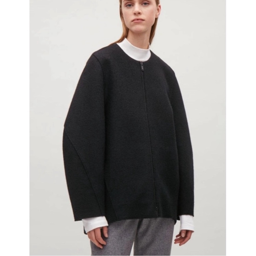 COS Wool Cocoon Jacket Black Full Zip Oversize Minimalist Coat with pockets